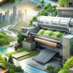 Modern eco-friendly printing scene with advanced machines, natural greenery, and sustainable materials