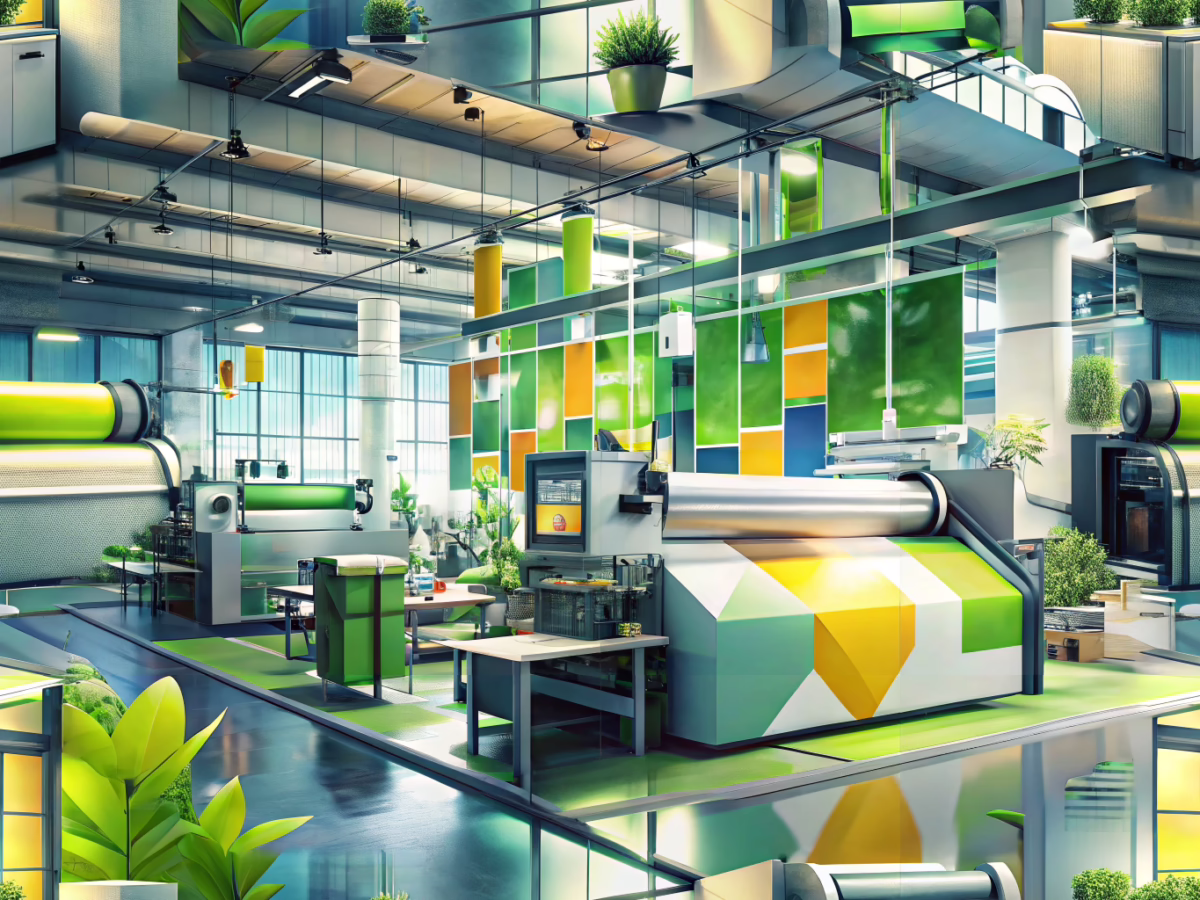 Eco-friendly printing facility featuring sustainable signage and a green, industrial environment