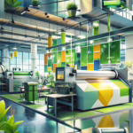 Eco-friendly printing facility featuring sustainable signage and a green, industrial environment