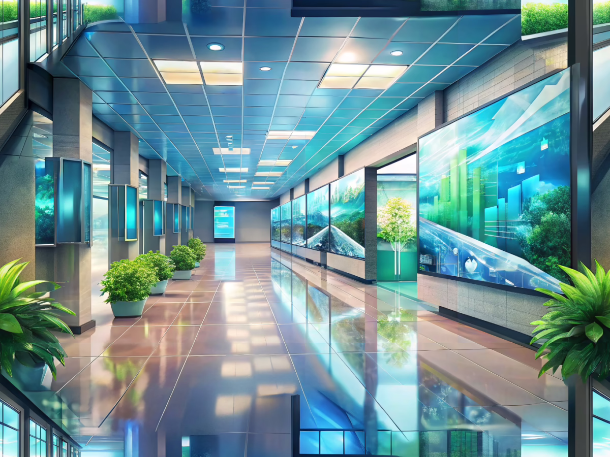 Modern educational setting showcasing digital signage and eco-friendly design solutions in a sustainable classroom environment
