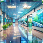 Modern educational setting showcasing digital signage and eco-friendly design solutions in a sustainable classroom environment