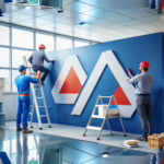 Professional signage maintenance scene with designers and architects inspecting printed signs for extended lifespan
