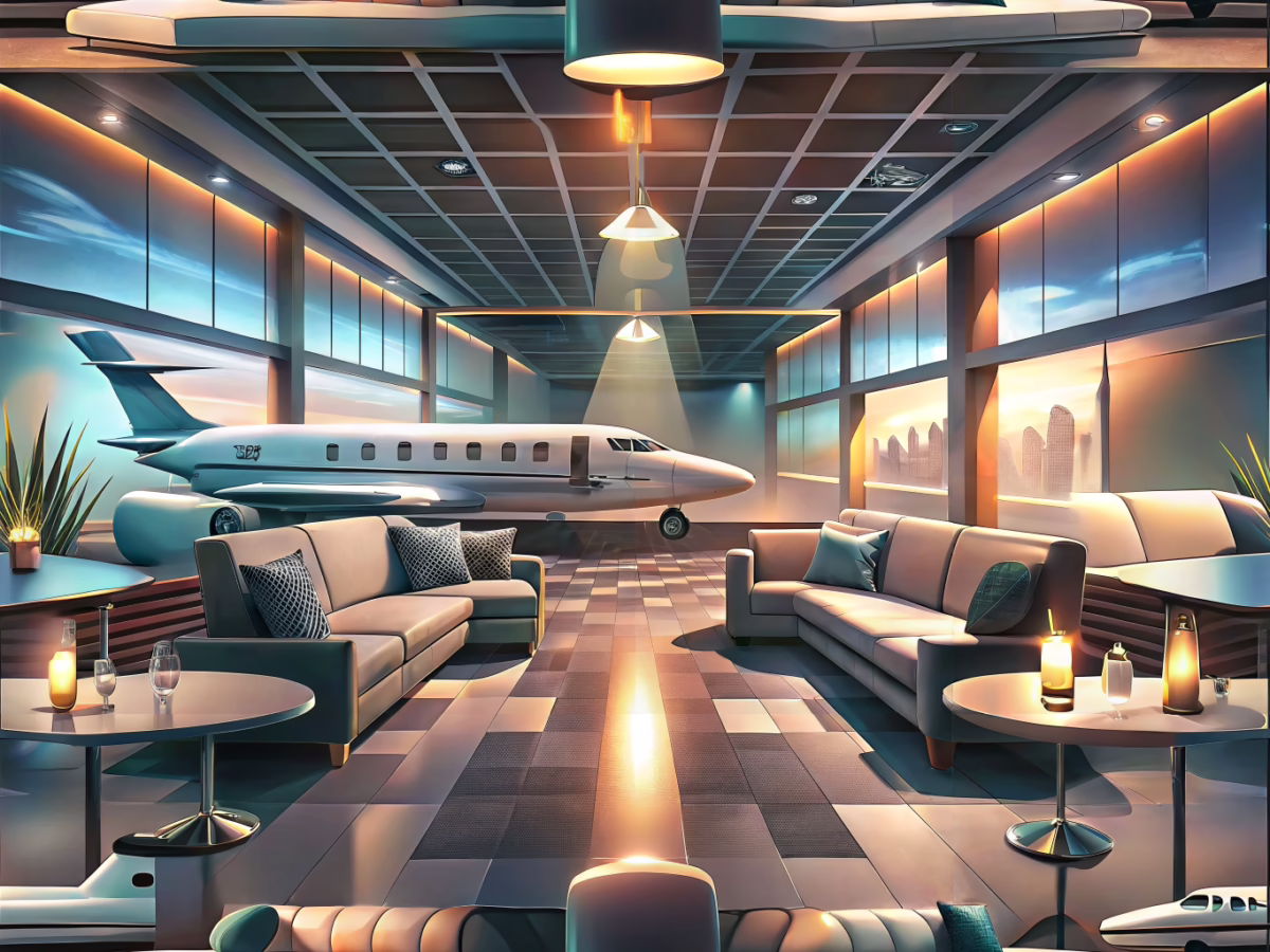 Exclusive jet club interior with dynamic design elements evoking urgency and limited-time offers for luxury experiences.