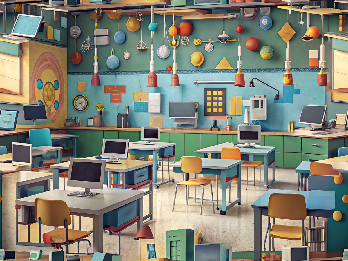Modern classroom featuring advanced printing equipment and custom school signs to highlight innovative printing techniques for schools.
