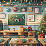 Custom holiday cards displayed on a school desk highlighting festive branding and subtle educational decor