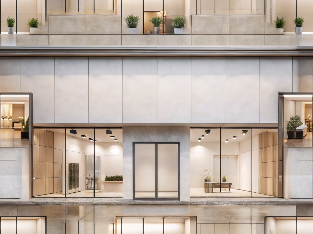 Minimalist retail storefront with simple and elegant signage, showcasing a modern and uncluttered design for retail environments.