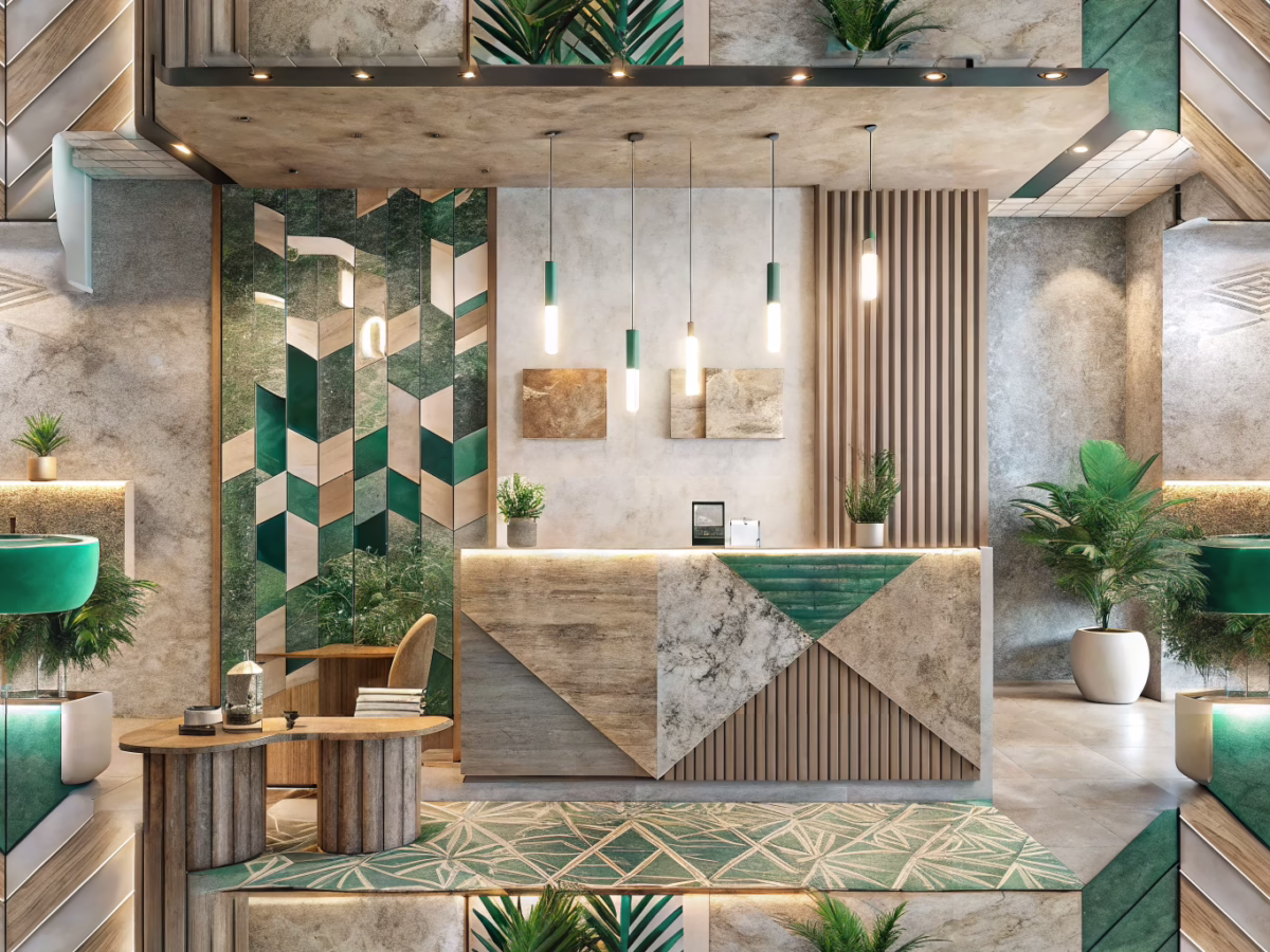 Modern hotel lobby showcasing eco-friendly design with sustainable printing materials and recycled paper textures