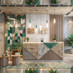 Modern hotel lobby showcasing eco-friendly design with sustainable printing materials and recycled paper textures