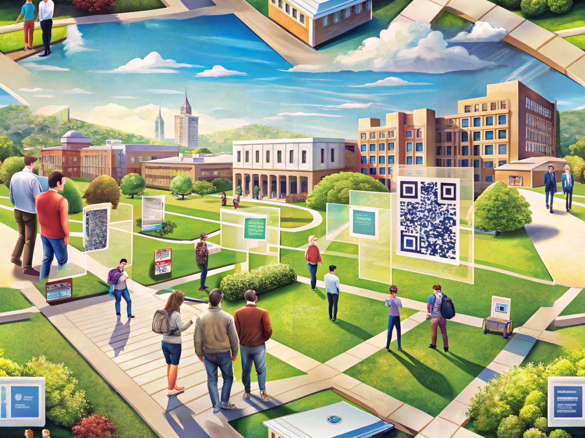 University campus scene integrating QR codes into print marketing materials