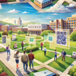 University campus scene integrating QR codes into print marketing materials