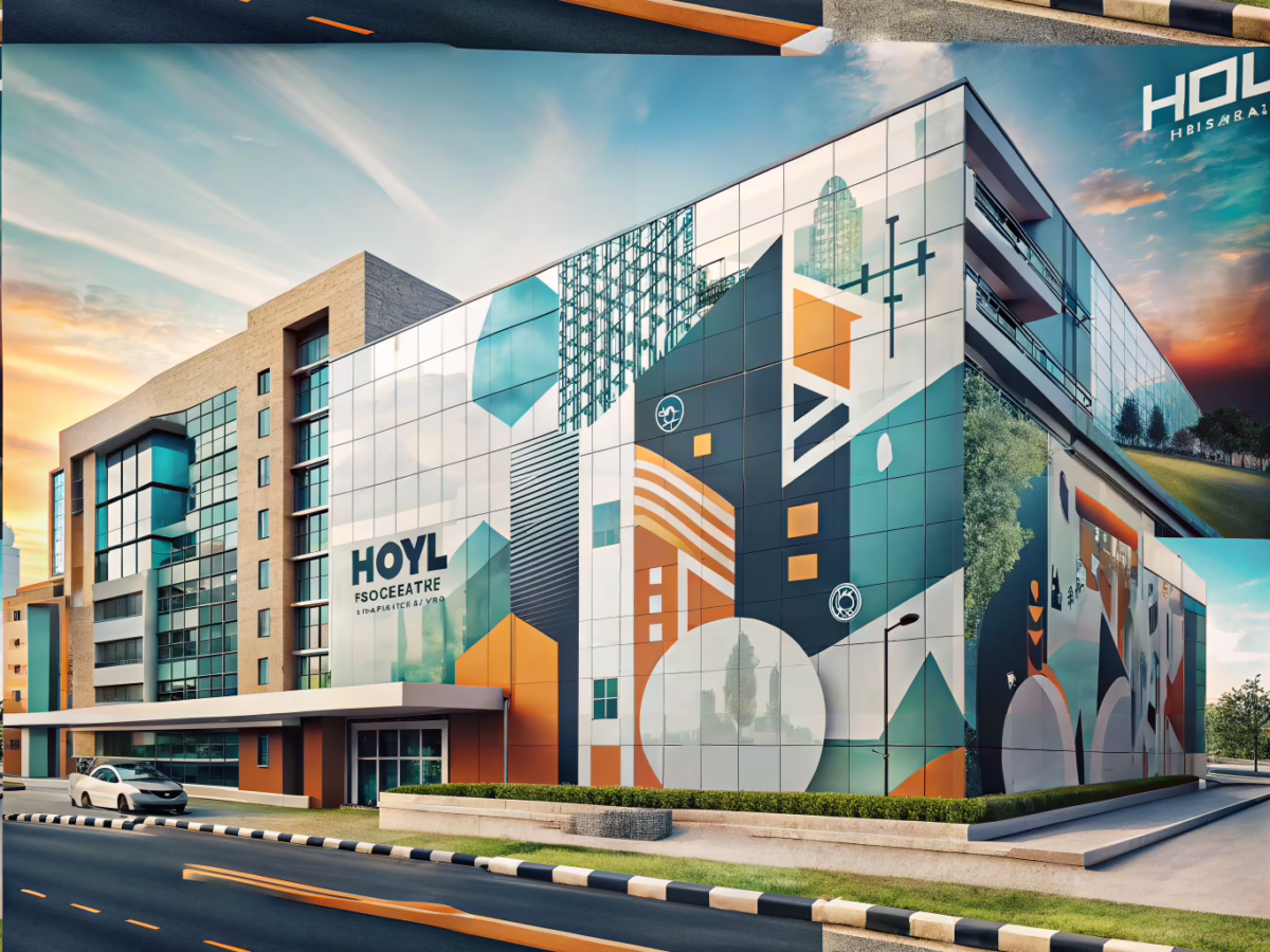 Modern hotel facade showcasing artistic signage with a blend of vector curves and raster pixel textures