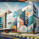 Modern hotel facade showcasing artistic signage with a blend of vector curves and raster pixel textures