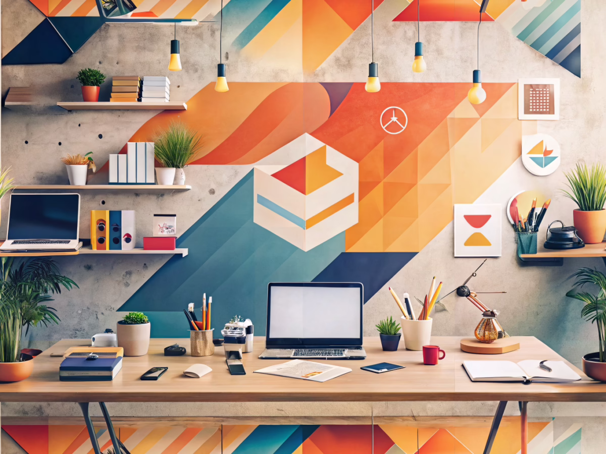 Creative workspace showcasing business logo design elements for retail branding