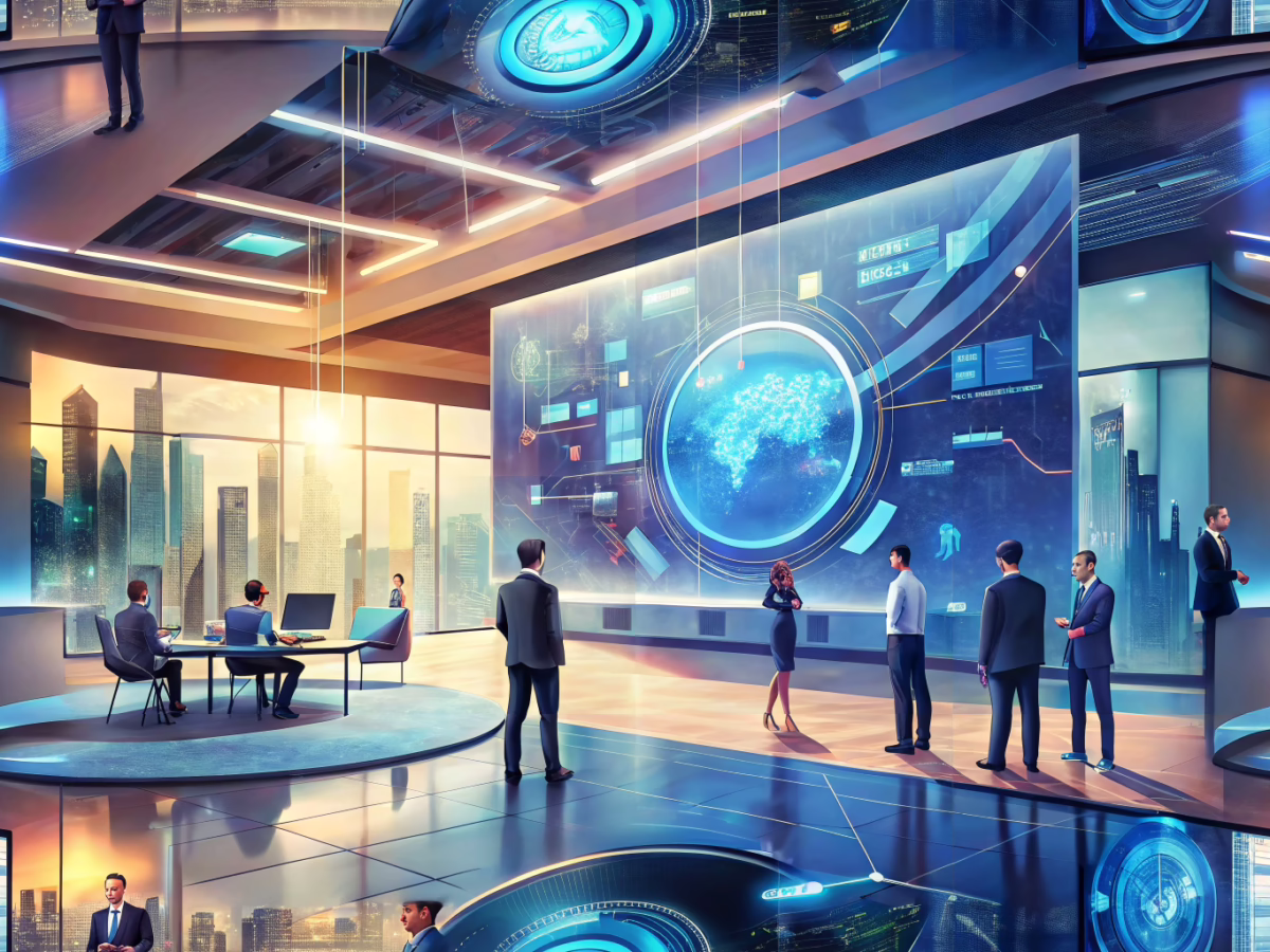Modern business professionals engaging with an interactive digital display showcasing innovative technology in a contemporary office environment.