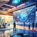 Modern business professionals engaging with an interactive digital display showcasing innovative technology in a contemporary office environment.