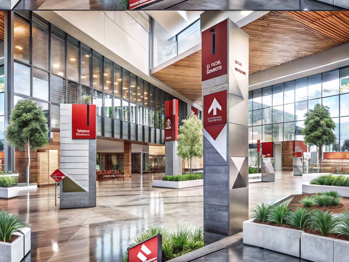 University campus featuring indoor and outdoor signage that showcases material mastery with diverse materials such as metal, wood, and acrylic.
