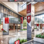 University campus featuring indoor and outdoor signage that showcases material mastery with diverse materials such as metal, wood, and acrylic.