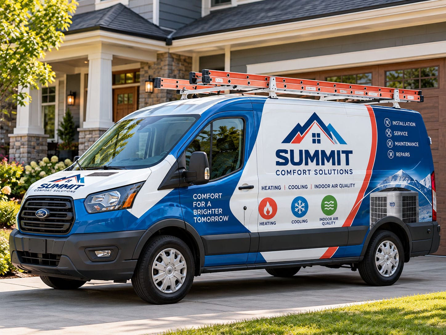 About Us 12 Branded service van with vehicle wrap outside a residential home