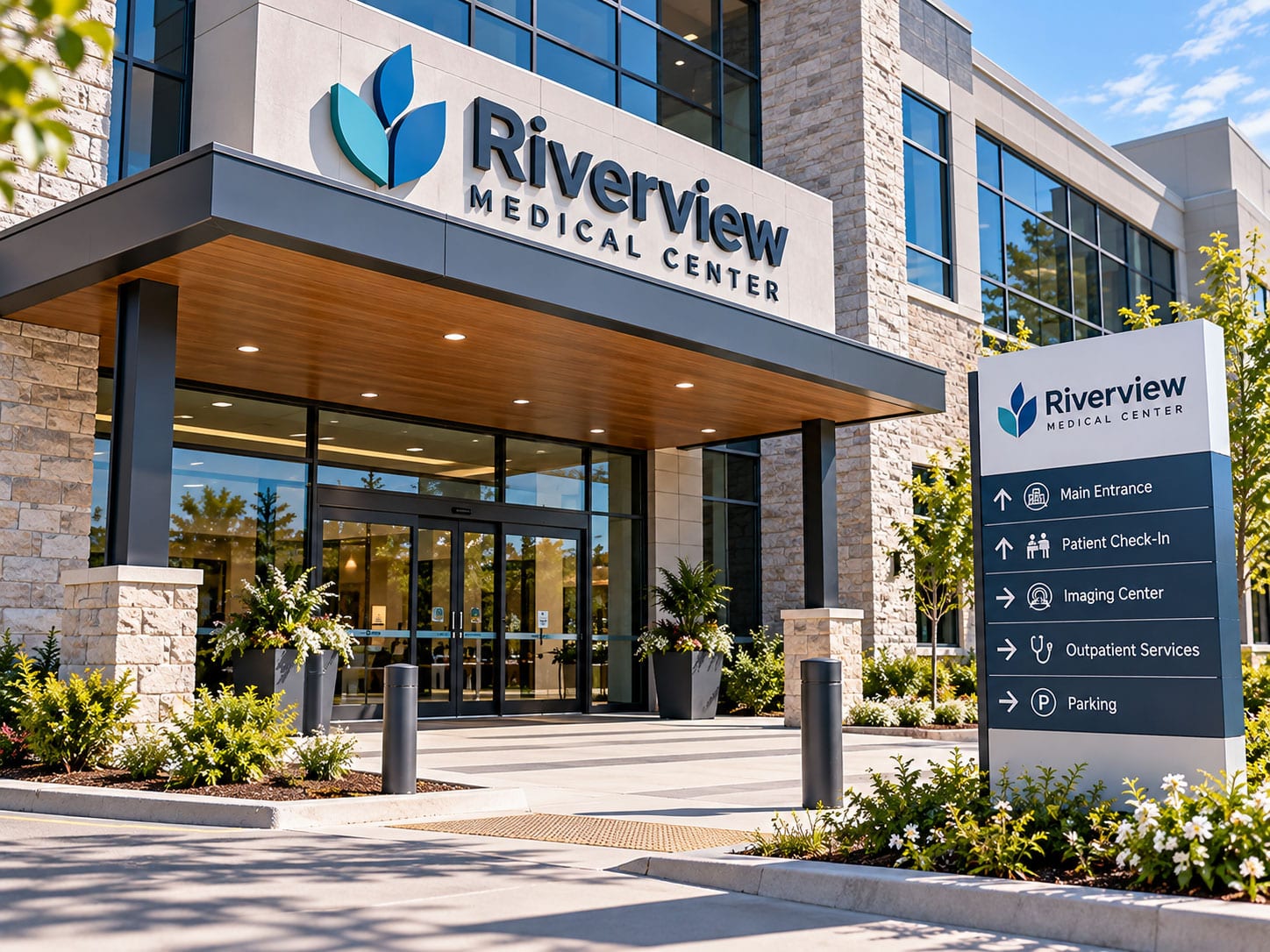 About Us 11 Medical building entrance with exterior signage and directory sign
