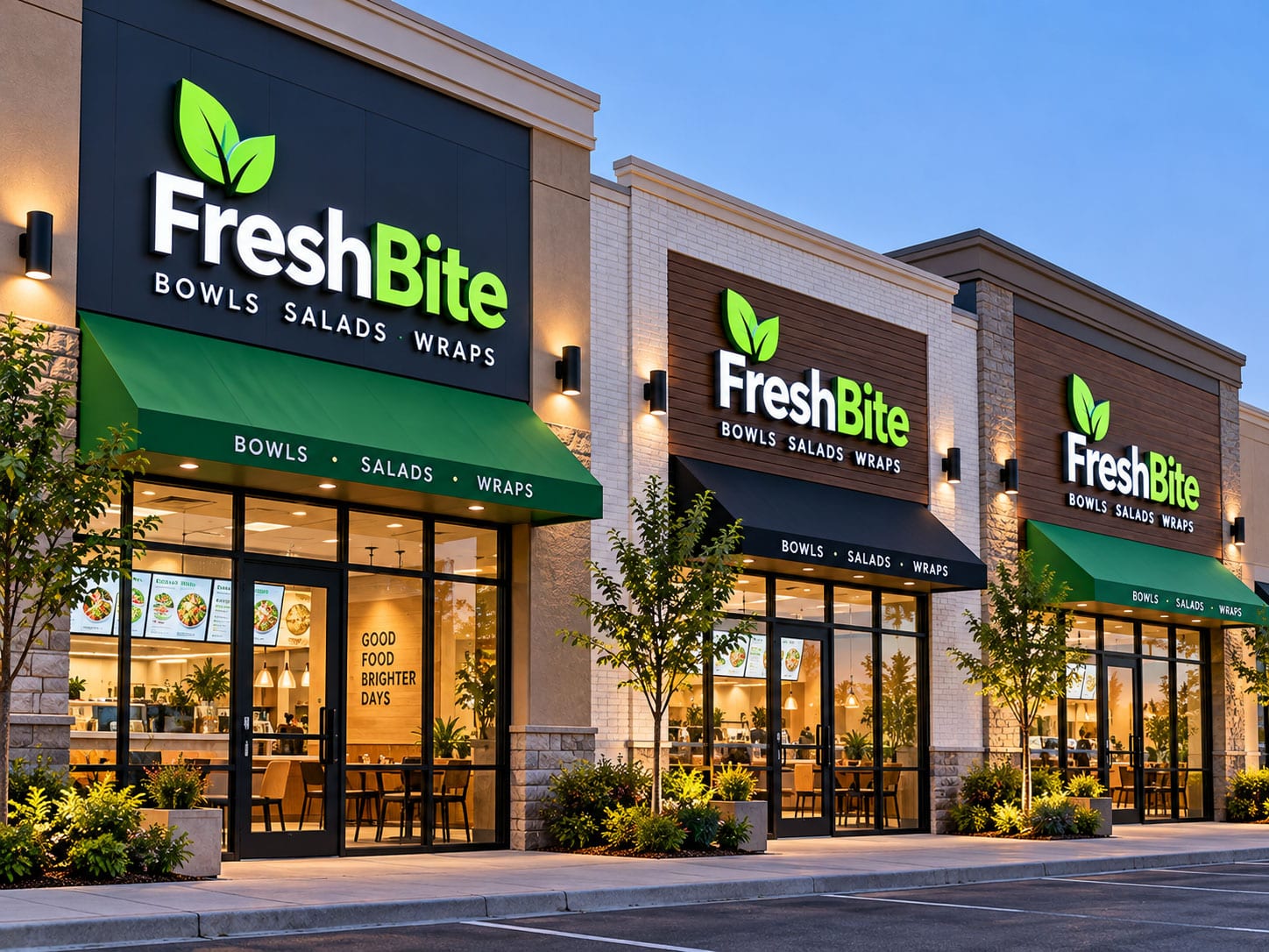 About Us 13 Matching branded signs at three franchise storefronts
