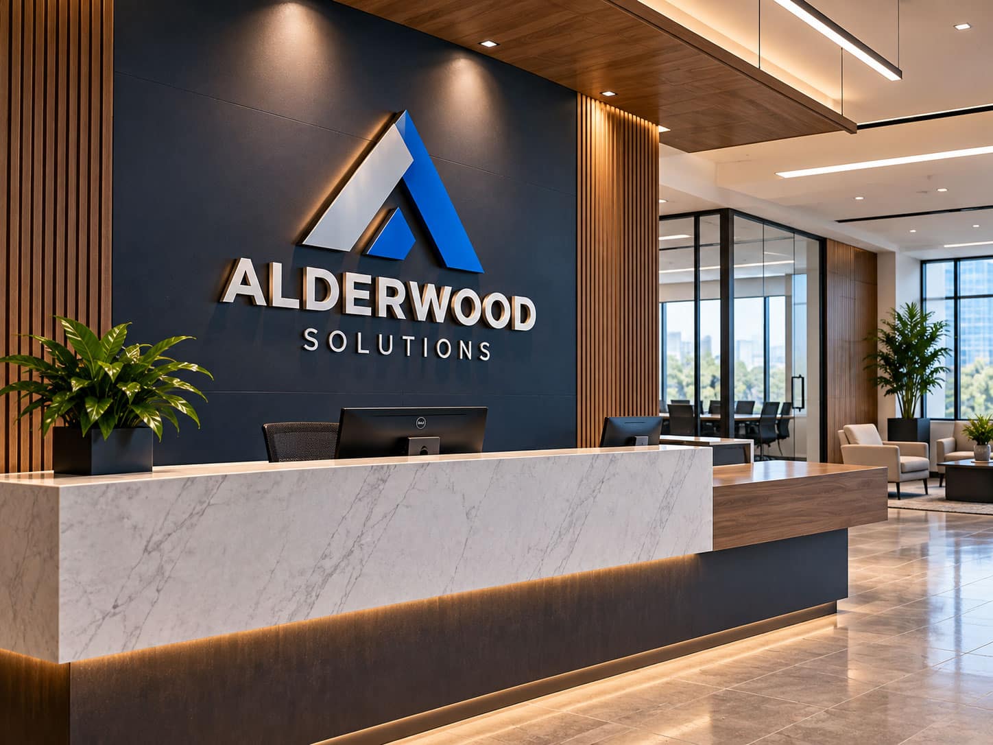 About Us 10 Corporate lobby with a dimensional logo wall and reception desk