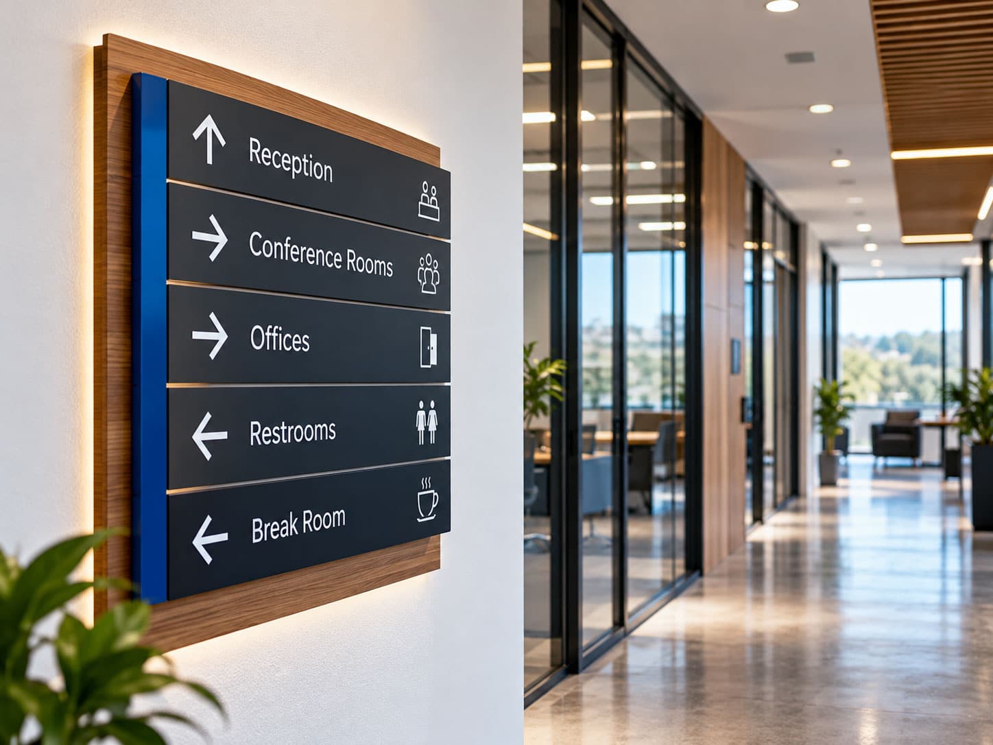 About Us 3 Branded interior wayfinding sign in a modern office hallway