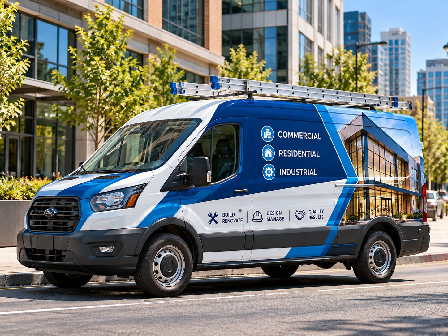 About Us 8 Branded work van with a full vehicle wrap parked on a city street